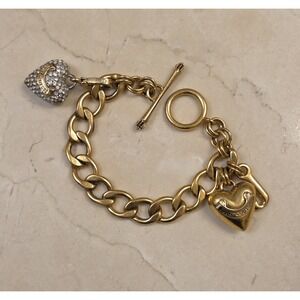 Chunky Juicy Couture Charm Bracelet Heart Letter J Gold Tone Crystal Dangle Pave